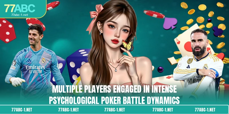 Multiple players engaged in intense psychological poker battle dynamics